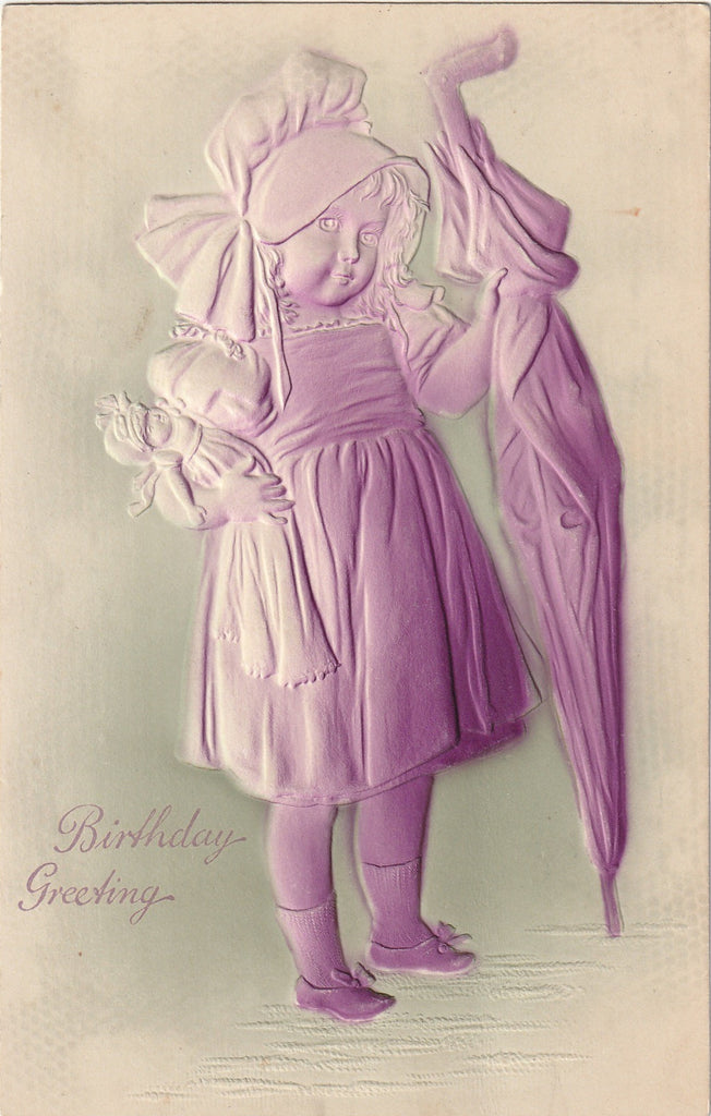 Birthday Greeting From Dolly and I - Embossed, Airbrushed Postcard, c. 1910s