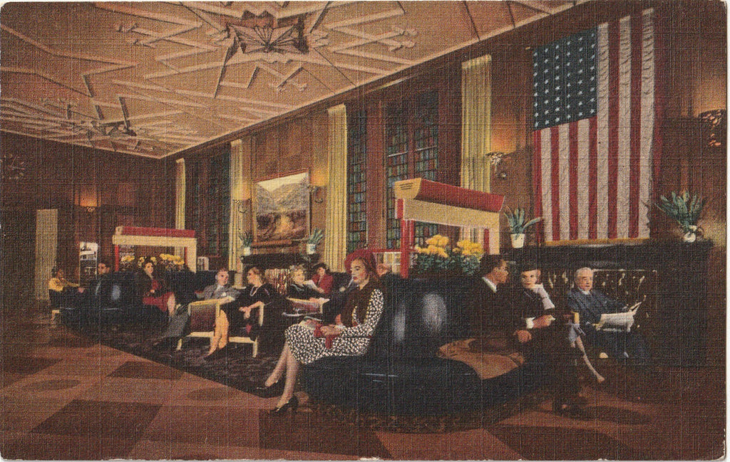 Bismarck Hotel Lobby - Randolph at La Salle - Chicago, IL - Postcard, c. 1940s
