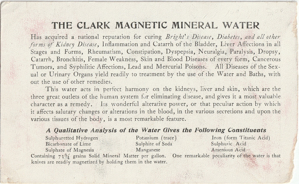 Clark's Magnetic Mineral Springs - Clark's Sanitarium - Pueblo, CO - Trade Card, c. 1890s