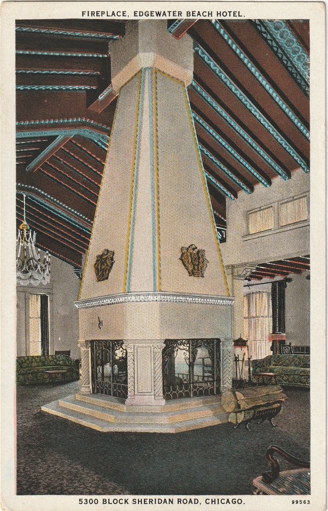 Fireplace at Edgewater Beach Hotel - Chicago, IL - Postcard, c. 1930s