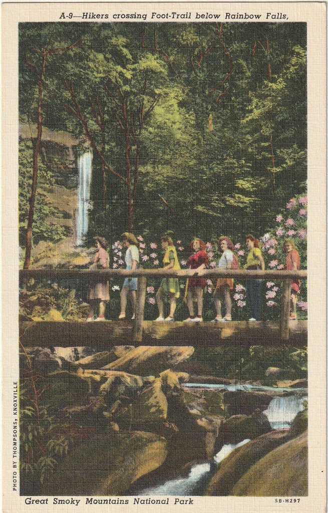 Hikers Crossing Foot-Trail Below Rainbow Falls - Great Smoky Mountains National Park, TN - Postcard, c. 1940s
