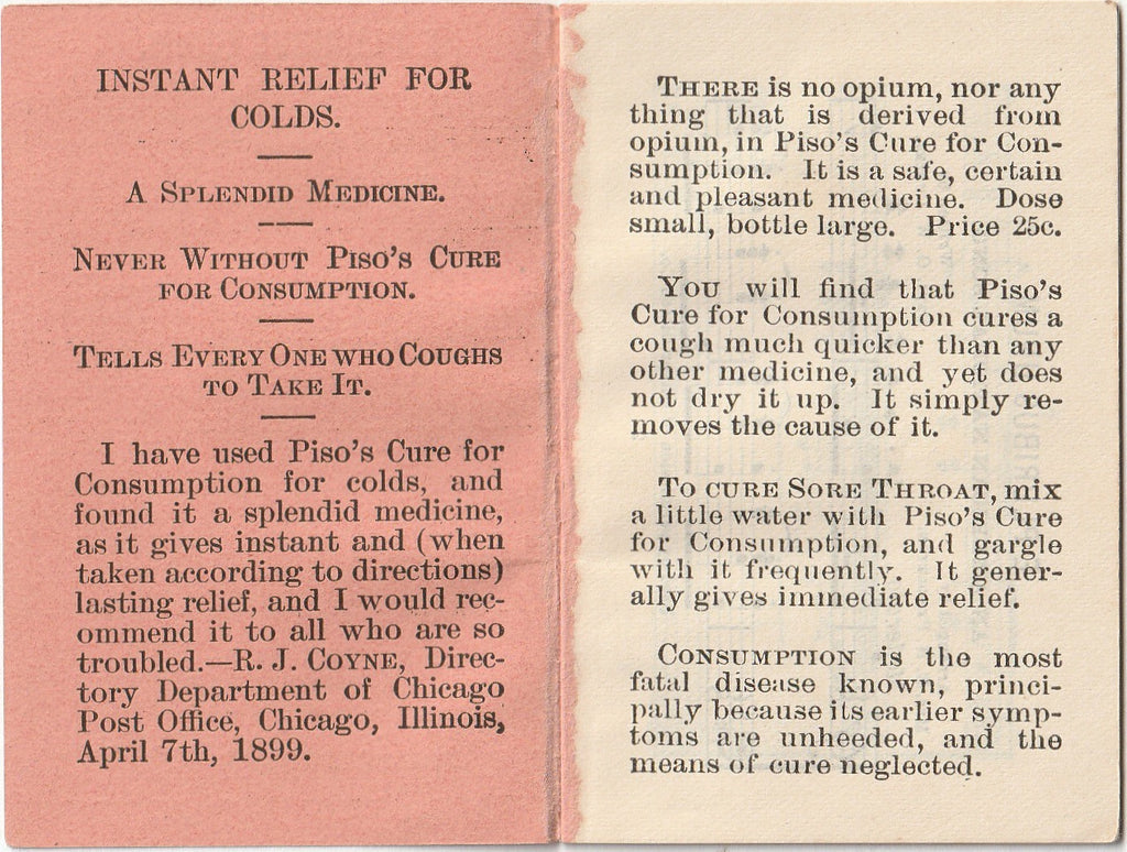 Piso's Cure for Consumption - Medical Quackery - Cough "Medicine" - Booklet, c. 1899