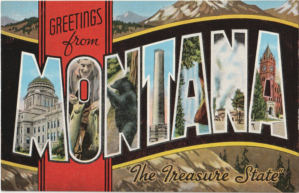 Greetings from Montana "The Treasure State" - Large Letter Souvenir Postcard, c. 1950s