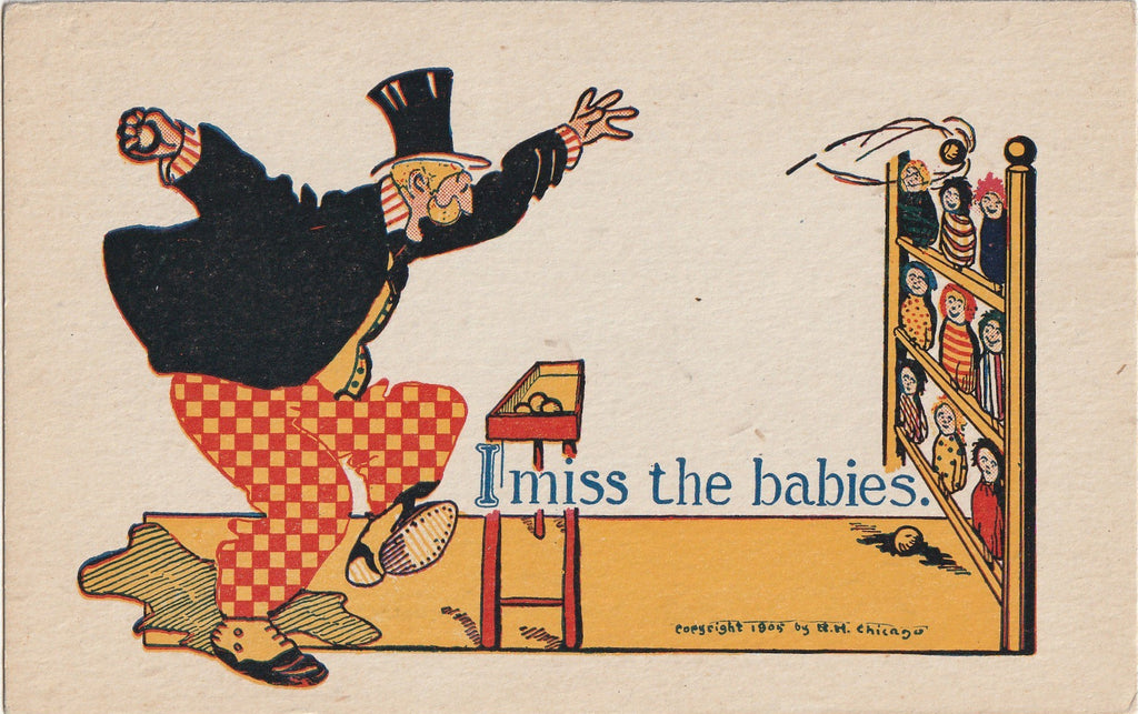 I Miss the Babies - Carnival Game - Ball Toss - Postcard, c. 1905