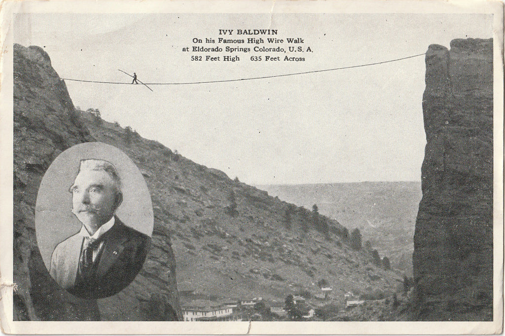 Ivy Baldwin on his Famous High Wire Walk - Eldorado Springs, CO - Postcard, c. 1950s