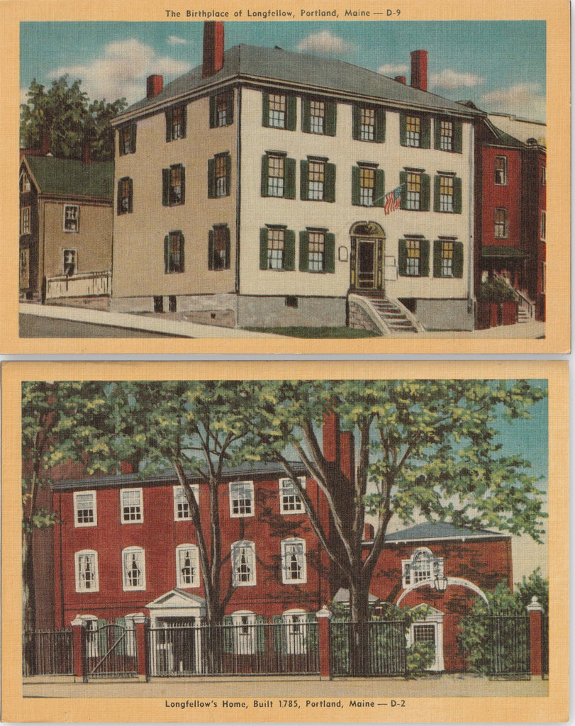 Longfellow's Home and Birthplace - Portland, Maine - SET of 2 - Postcards, c. 1950s