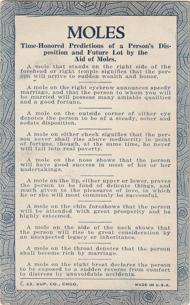 MOLES - Time-Honored Predictions of a Person's Disposition and Future Lot - Arcade Card, c. 1940s