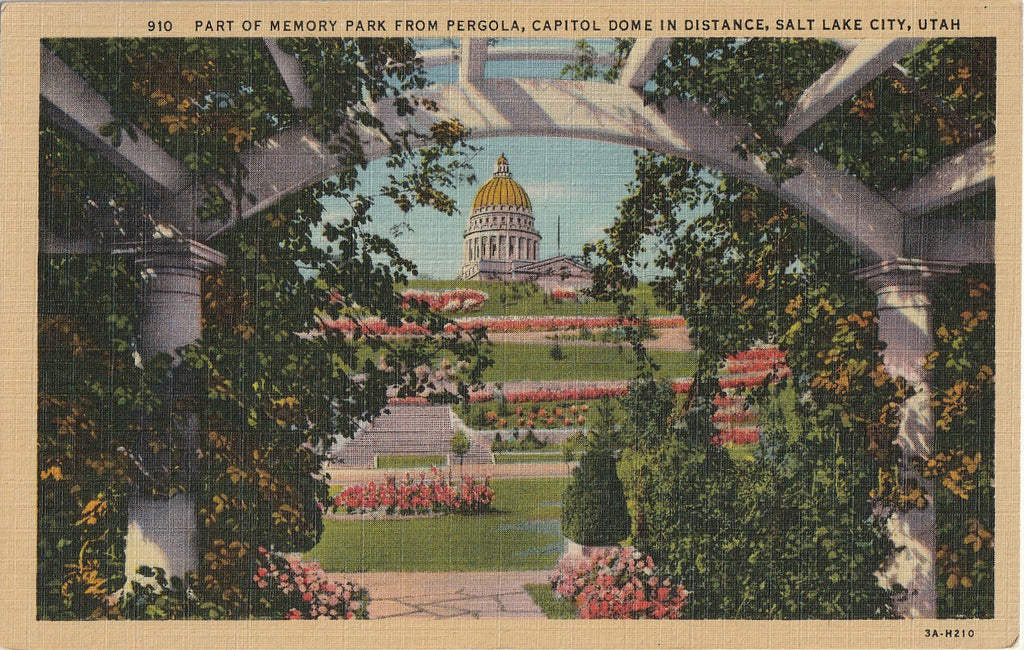 Memory Park From Pergola - Capitol Dome in Distance - Salt Lake City, UT - Postcard, c. 1940s