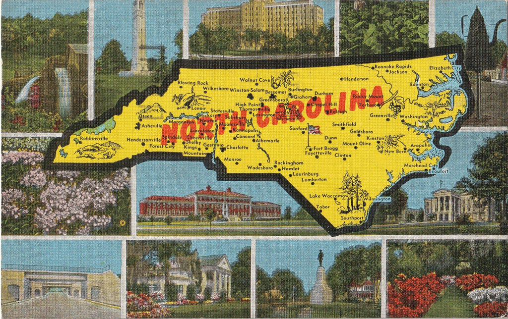 North Carolina Sightseer's Map - State Landmarks - Postcard, c. 1950s