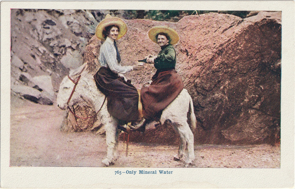 Only Mineral Water - Girls Sharing a Burro & a Drink - Postcard, c. 1900s