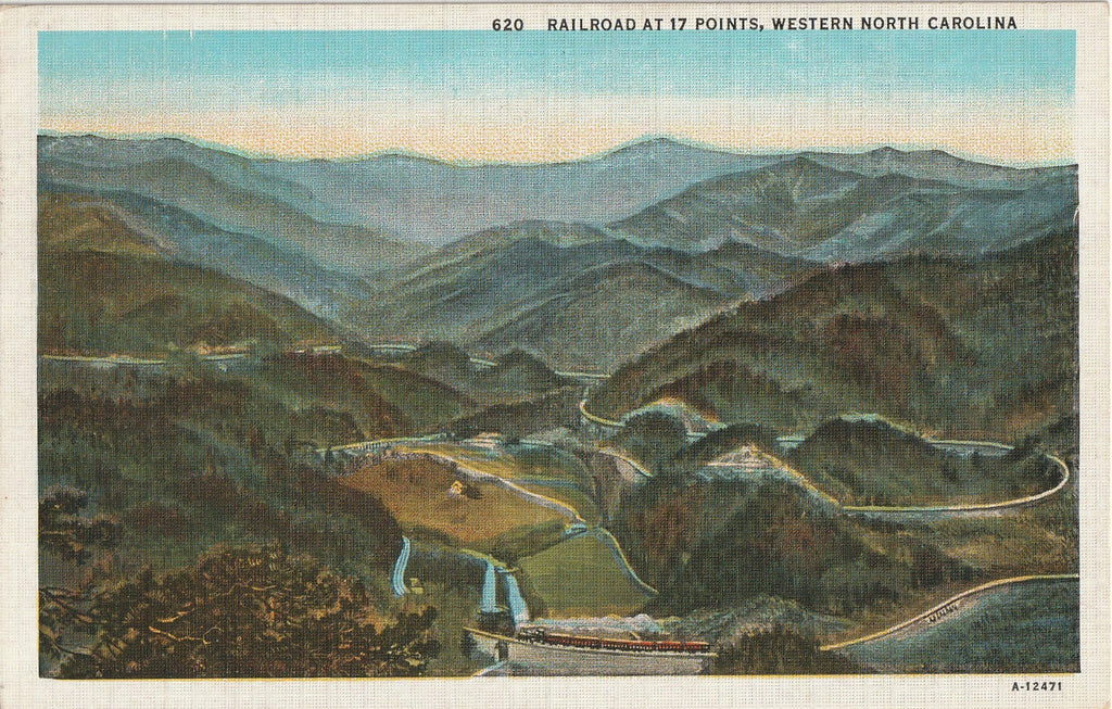 Railroad at 17 Points - Round Knob, North Carolina - Blue Ridge Mountains - Postcard, c. 1930s