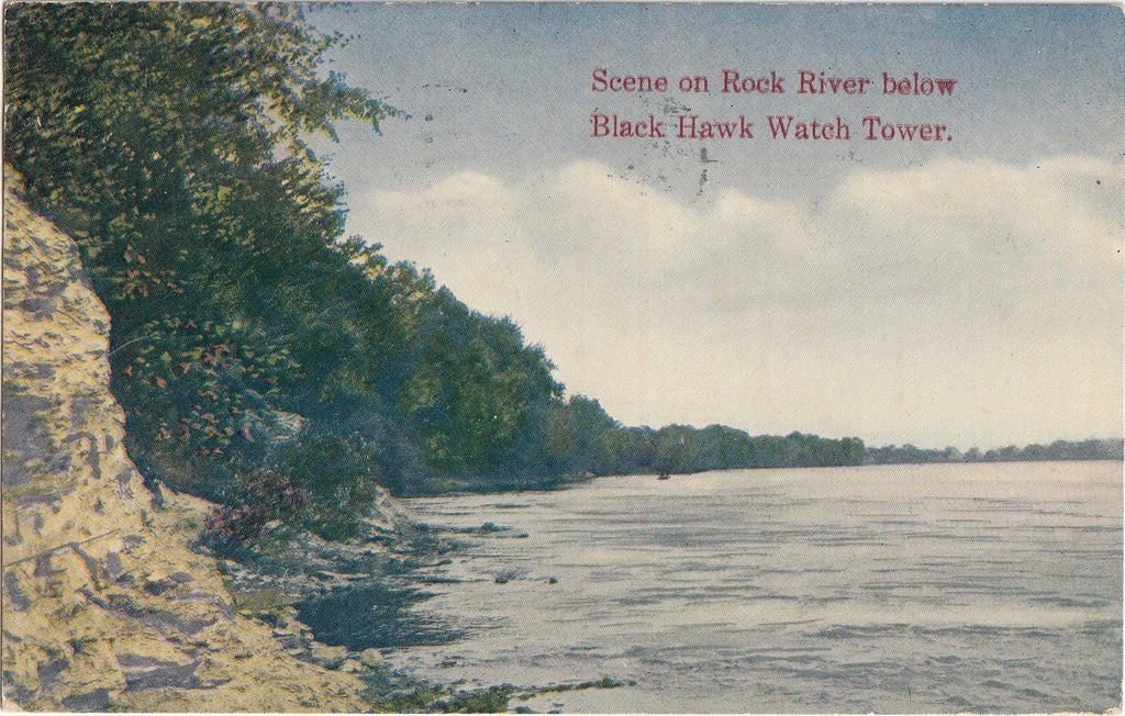 Scene on Rock River Below Black Hawk Watch Tower - Rock Island, Illinois - Postcard, c. 1910s