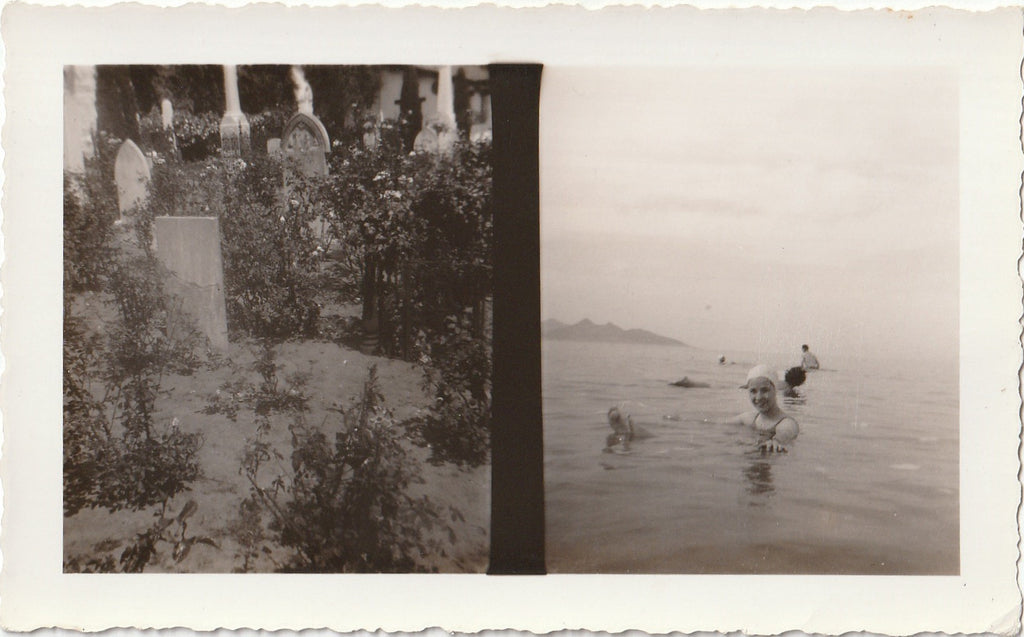 Split Scene - Cemetery & Lake Swimming - Snapshot, c. 1950s