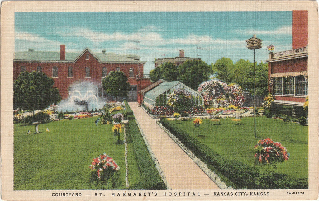 St. Margaret's Hospital Courtyard - Kansas City, KS - Postcard, c. 1930s