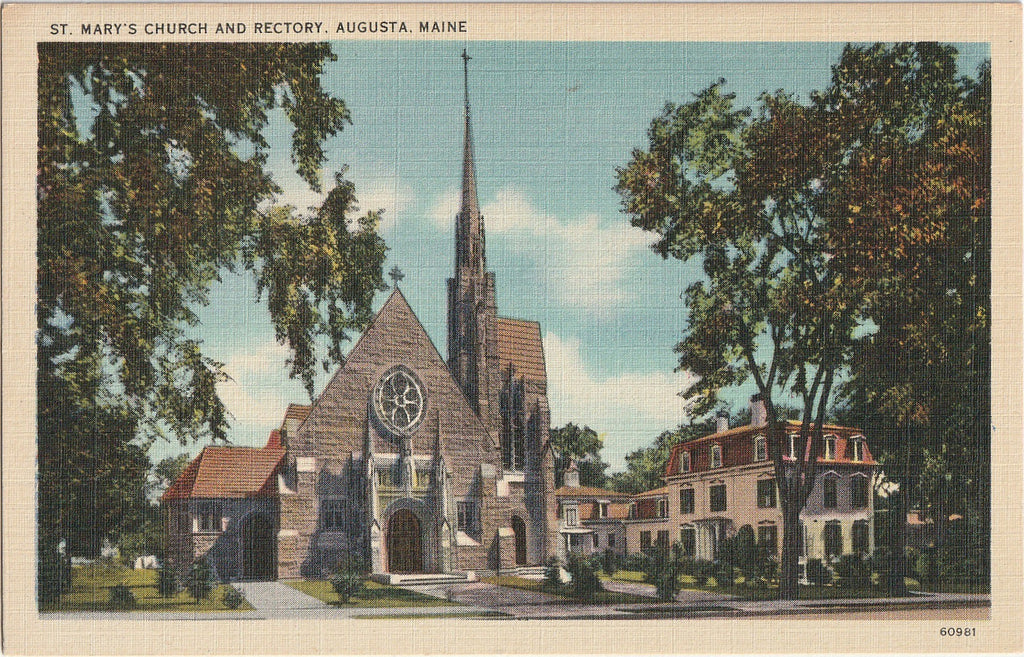 St. Mary's Church and Rectory - Augusta, ME - Postcard, c. 1940s
