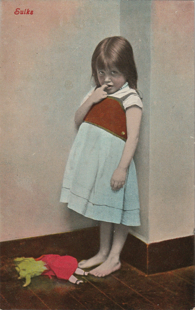 Sulks - Pouting Girl, Doll Thrown on Floor - Postcard, c. 1900s