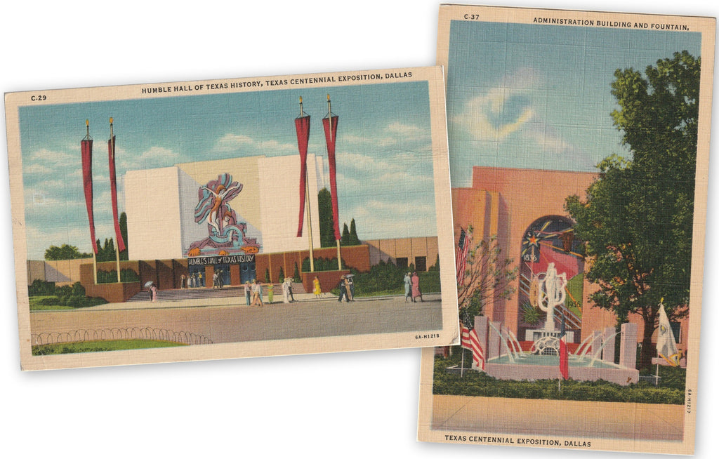 Texas Centennial Exposition, Dallas - Administration Building and Fountain - Humble Hall of Texas History - SET of 2 - Postcards, c. 1930s