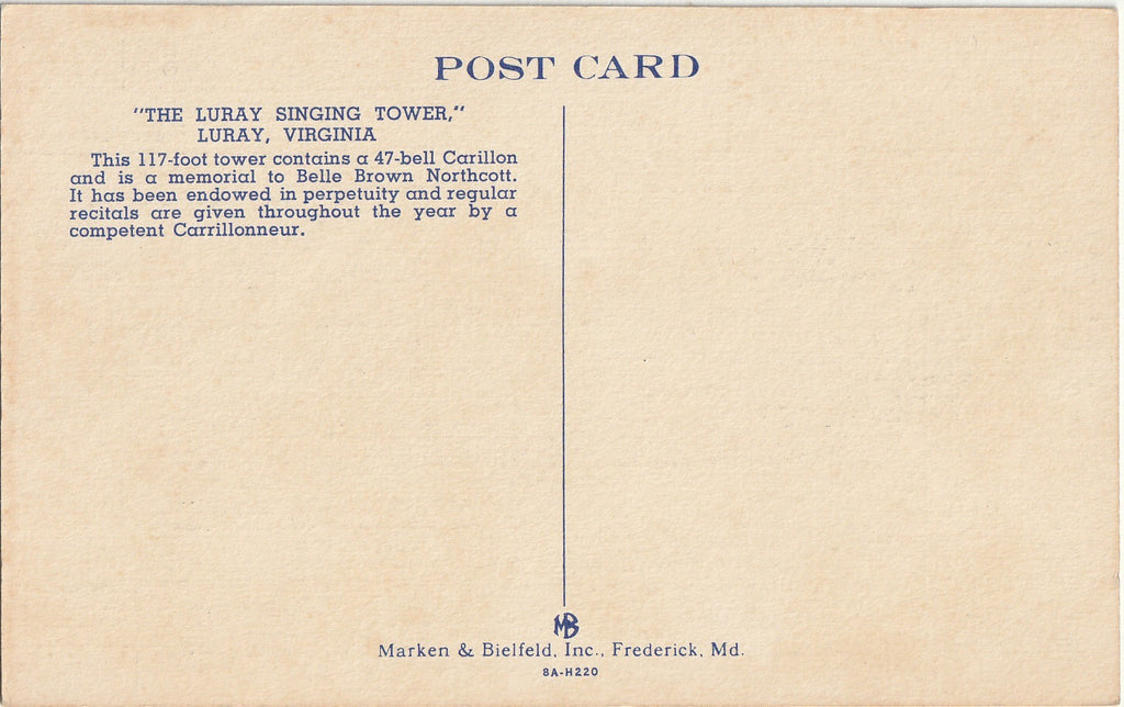 The Luray Singing Tower - Luray, Virginia - Postcard, c. 1940s