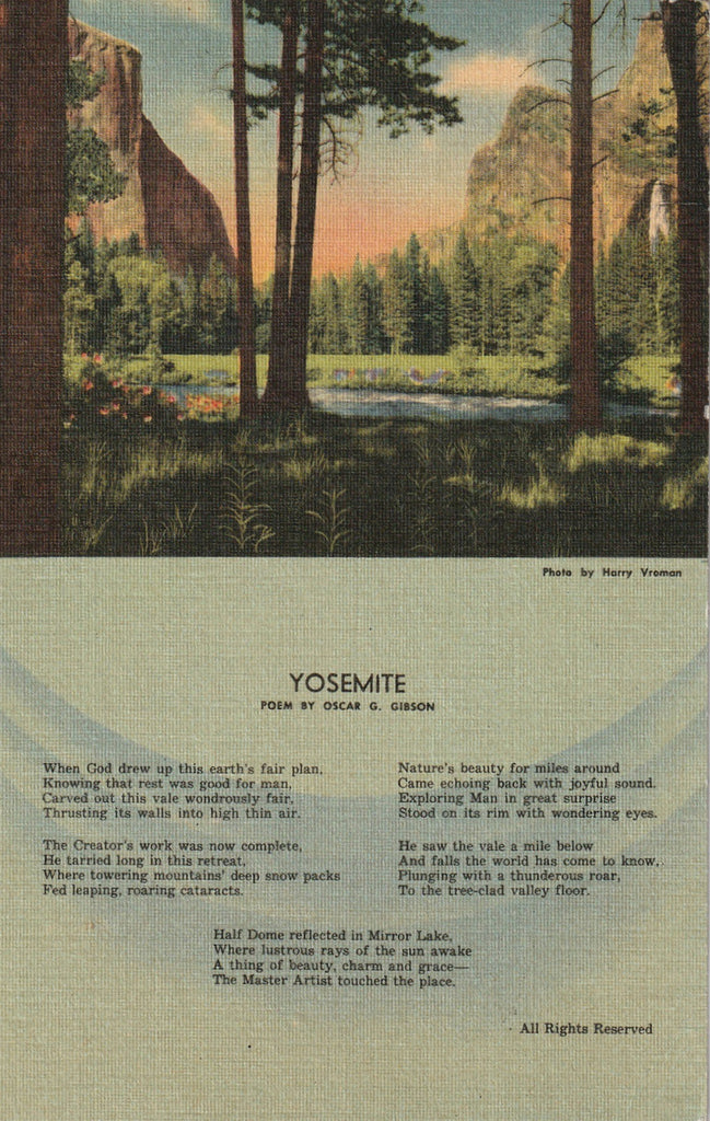Yosemite Poem - Oscar G. Gibson - Postcard, c. 1950s