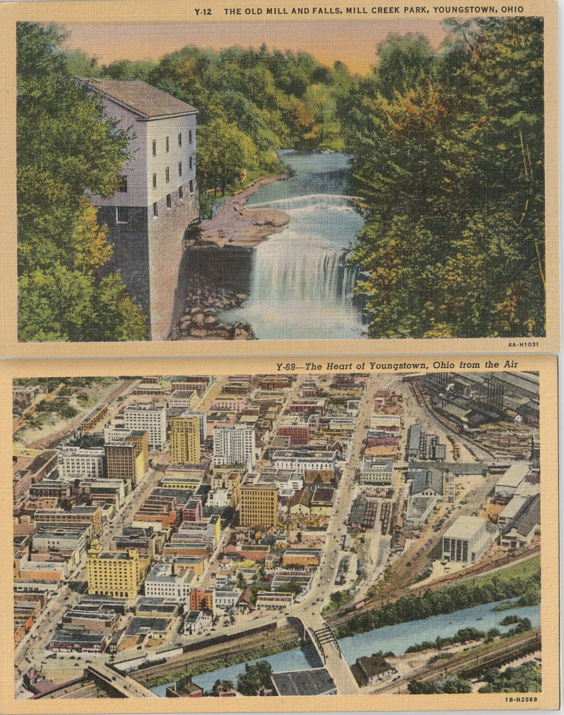 The Old Mill and Falls - Mill Creek Park - Youngstown, OH - Postcard, c. 1940s