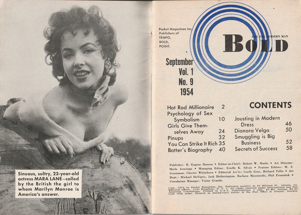 YOU Can Hit Uranium - Hot Rod Millionaire Briggs Cunningham - BOLD Magazine - September, 1954 - Mara Lane - Index