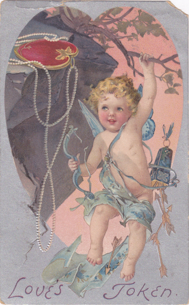 Love's Token- 1910s Antique Postcard- Cupid Bow & Arrow- Edwardian Romance- Valentine- Used
