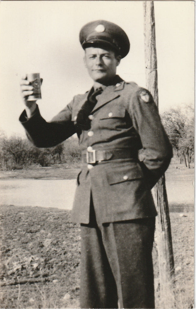 Beer Drinking WW2 Soldier - RPPC, c. 1940s