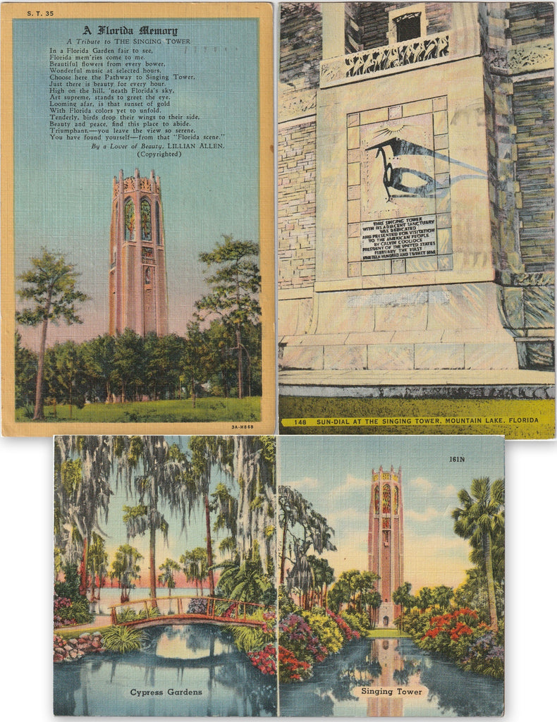 Bok Tower Gardens - Lake Wales, Florida - SET of 3 - Postcards, c. 1950s