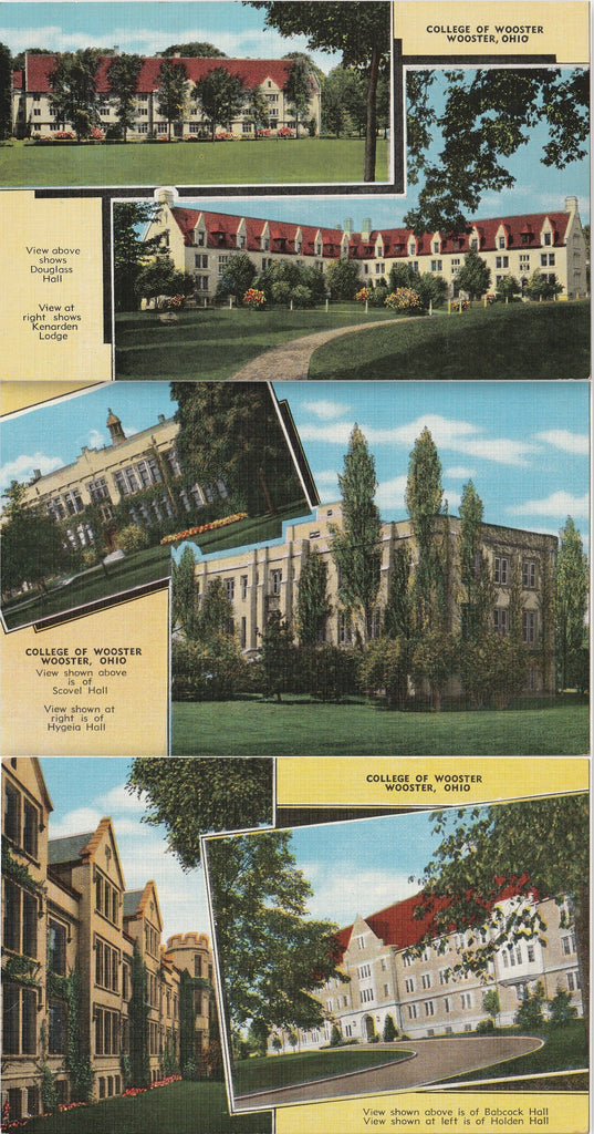 College of Wooster, Ohio - SET of 3 - E. C. Kropp - Postcards, c. 1930s
