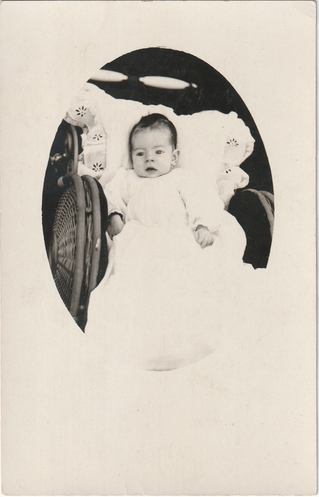 Edwardian Baby in Wicker Buggy - RPPC, c. 1910s