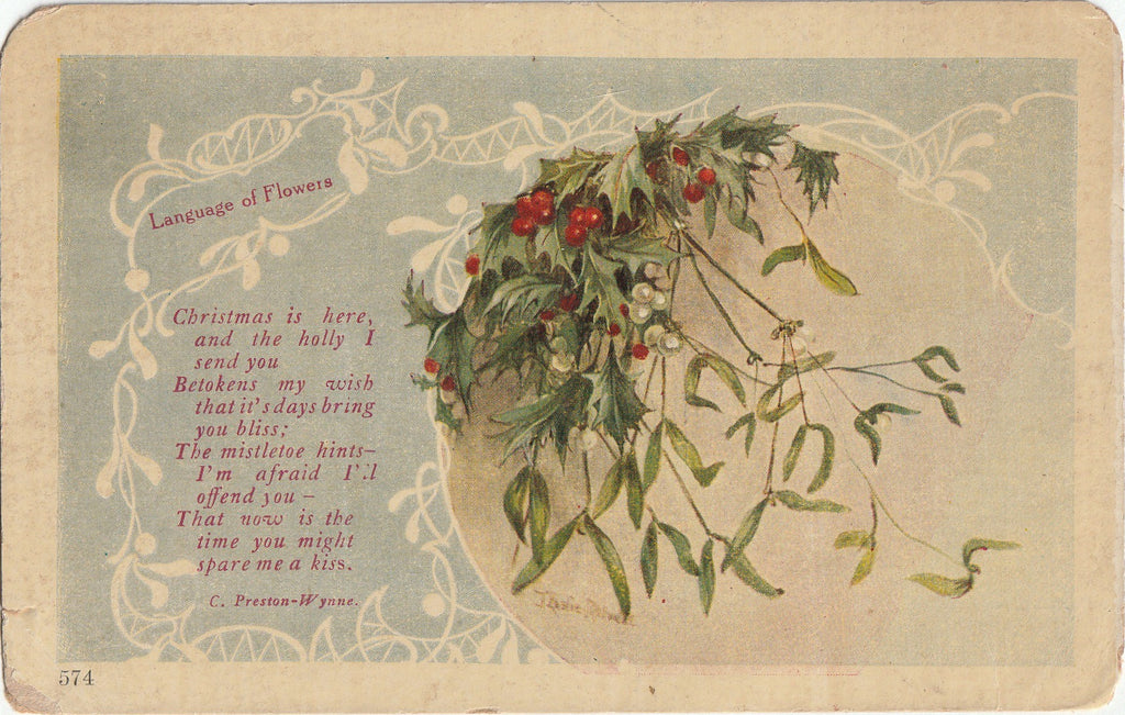 Holly and Mistletoe - Language of Flowers - Christmas Postcard, c. 1900s 