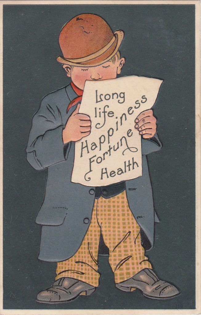 Long Life, Happiness, Fortune, Health- 1900s Antique Postcard- Edwardian- Embossed Greeting- Unused