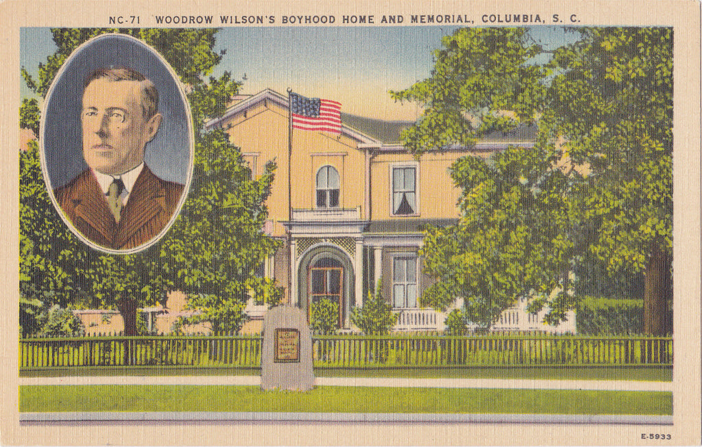 Woodrow Wilson- 1930s Vintage Postcard- Boyhood Home- Wilson Memorial- Columbia, SC- South Carolina- Historical Landmark