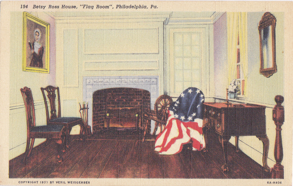 Betsy Ross House- 1940s Vintage Postcard- Flag Room- Philadelphia, PA- Pennsylvania- American Flag- Historical Landmark