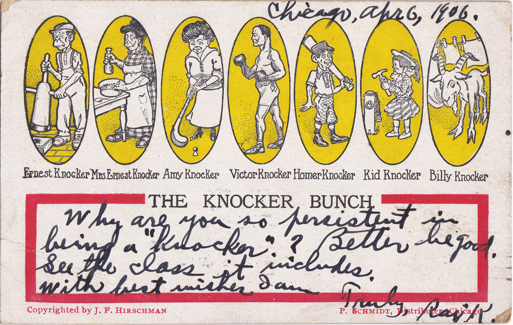 The Knocker Bunch- Caricature Family- Edwardian Humor- Chicago- Old Art Comic- J. F. Hirschman- 1900s Antique Postcard- Used