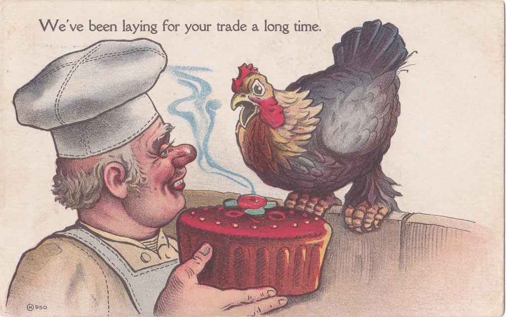 Chicken Wants Revenge- 1900s Antique Postcard- Cake Baker- Pastry Chef- Hen Laying Eggs- Art Comic- Used