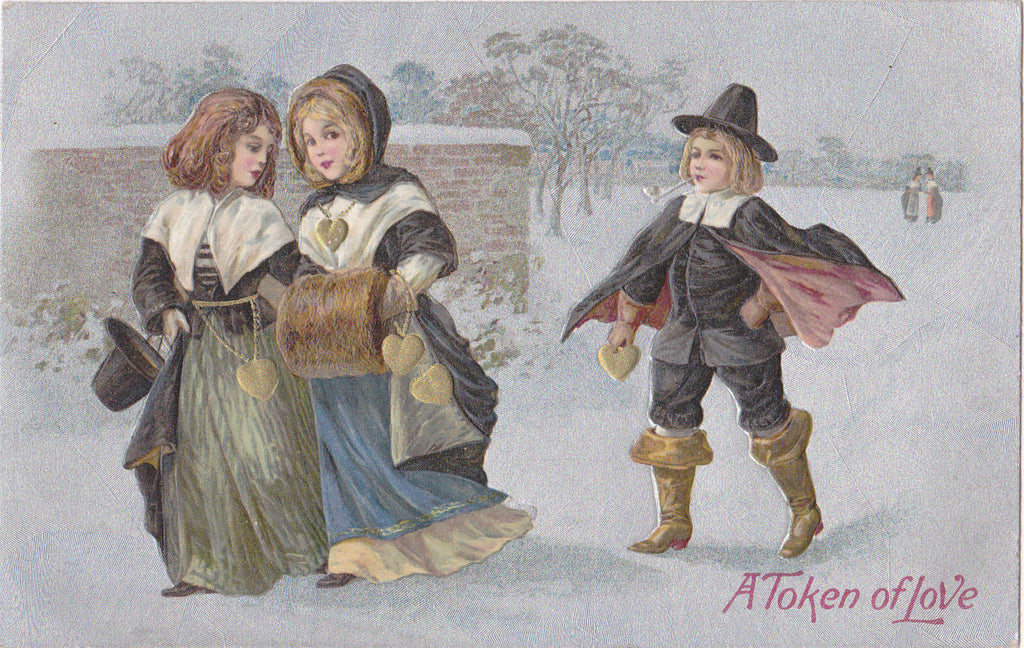 A Token Of Love- 1910s Antique Postcard- Pilgrim Romance- Edwardian Valentine- Heart of Gold-