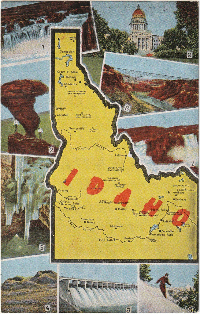 Idaho Souvenir Map - State Landmarks - Postcard, c. 1940s