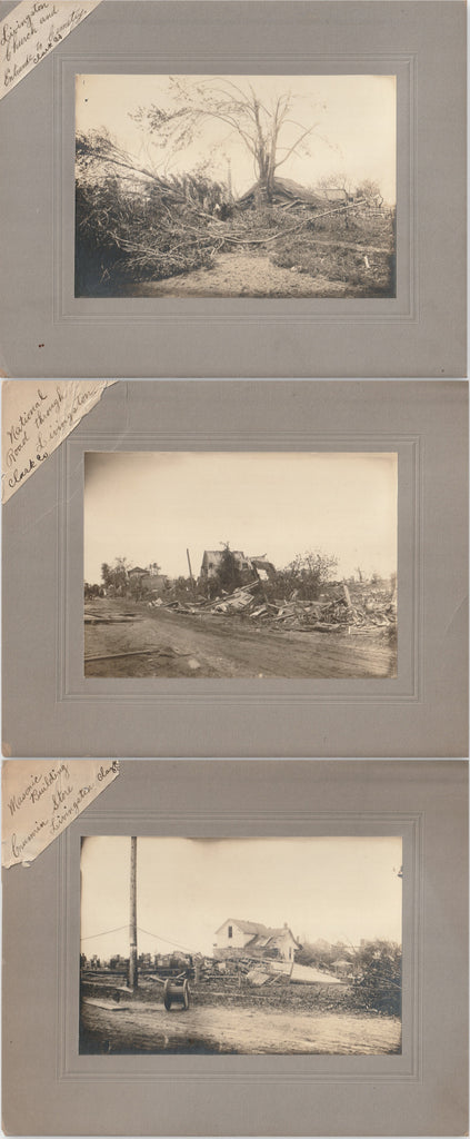 Tornado Demolished Town of Livingston, IL - Cemetery and Church - National Road - Masonic Building and Crumrin Store SET of 3 - Cabinet Photos, c. 1917