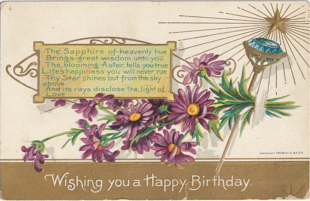 Sapphire of Heavenly Blue - Happy Birthday - E. Nash - Postcard, c. 1908