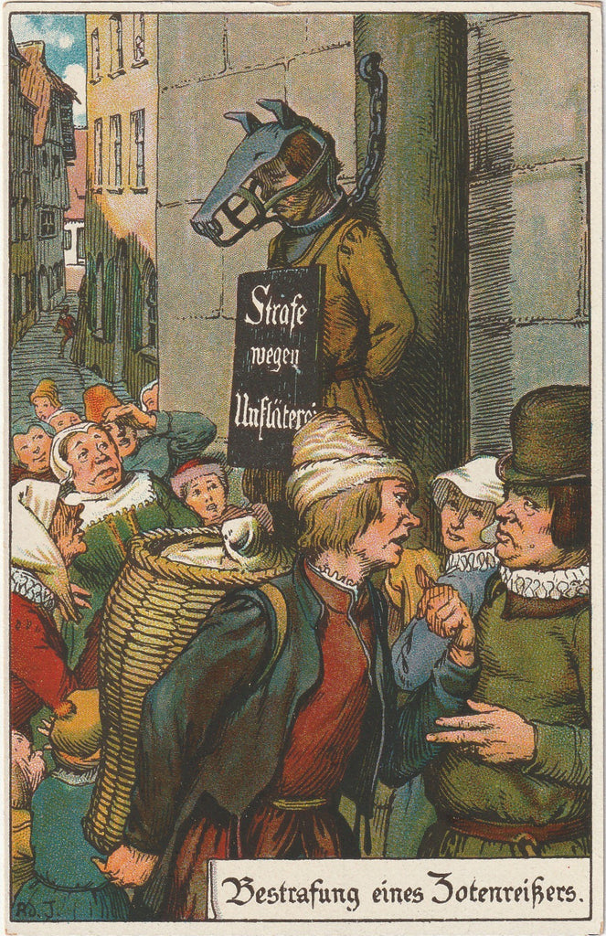 Scold's Bridle - Medieval Punishment - Adolf Jodolfi - E. Nister - Postcard, c. 1900s