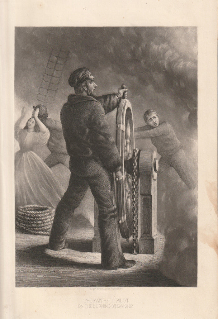 The Faithful Pilot on the Burning Steamship - Ladies Repository - Engraving Print, c. 1870s