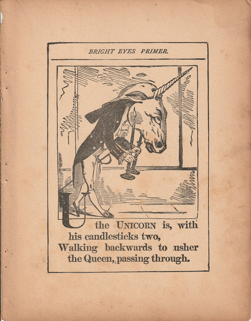 U the Unicorn Is - V is the Vulture - Bright Eyes' Primer - Victorian Book Illustration - Print, c 1886