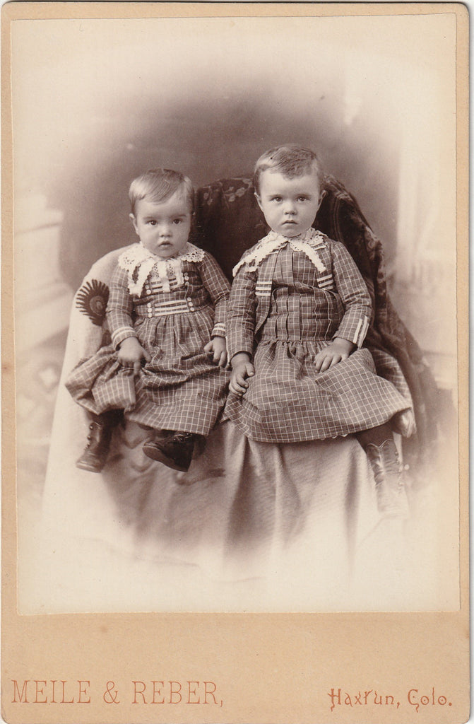 Victorian Boys in Matching Dresses - Haxrun, CO - Cabinet Photo, c. 1800s