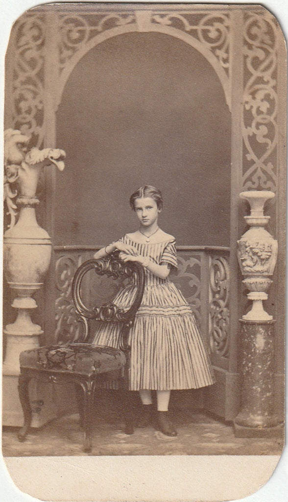 Victorian Girl with Short Hair - Striped Dress - R. Newells - Philadelphia, PA - CDV Photo, c. 1800s