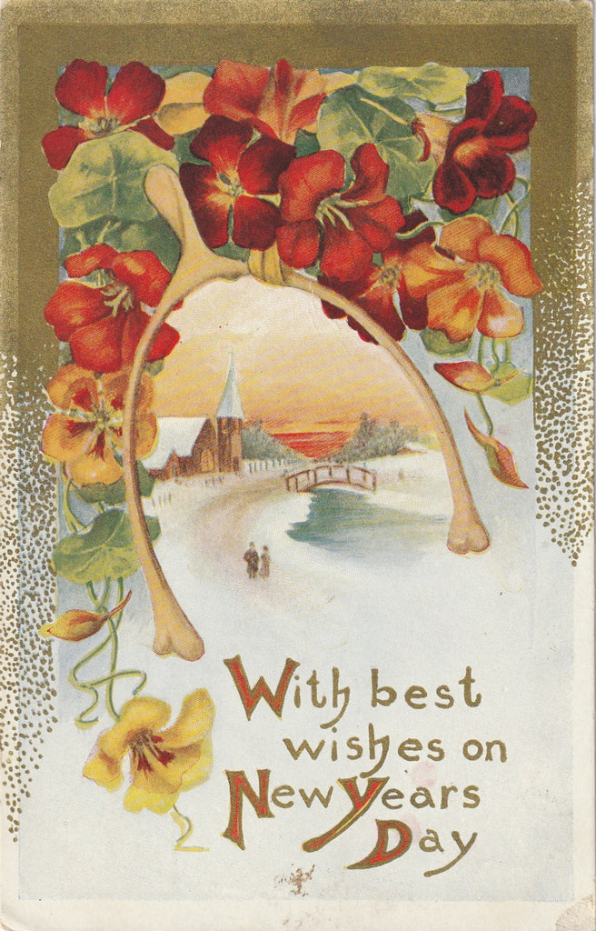 With Best Wishes on New Years Day - Wish Bone and Nasturtiums - Postcard, c. 1910s