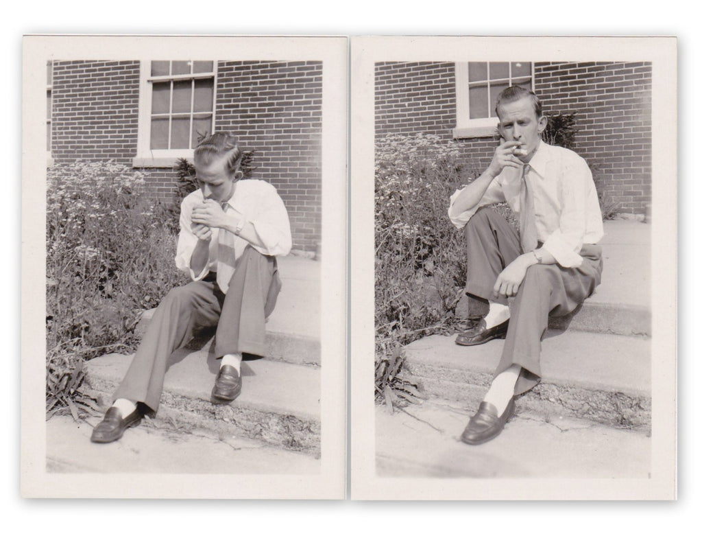 Lighting Up- 1940s Vintage Photographs- SET of 2- Man Smoking Cigarette- Found Photos- Vernacular Snapshots- Paper Ephemera