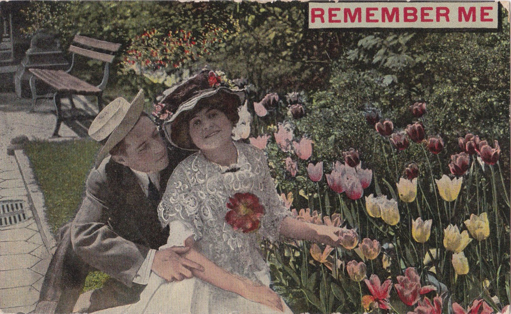 Remember Me- 1910s Antique Postcard- Edwardian Romance- Tulip Garden- Spring Flowers- Couple in Love- Used