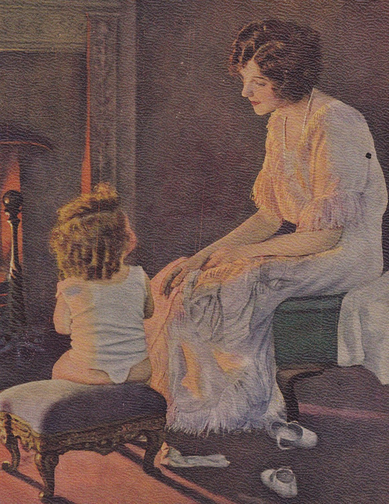 A Bedtime Story- 1920s Antique Print- Mother and Child- Fireplace- Edwardian Art- L Goddard- Artist Signed- Lithograph Print- Paper Ephemera