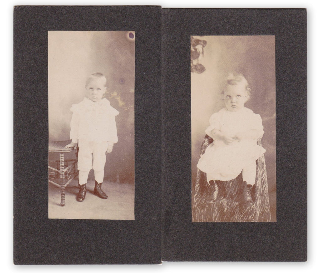 Cross Eyed Cuties- 1900s Antique Photographs- SET of 2- Edwardian Children- Brother Sister- Wilmington, Del- Cabinet Photos